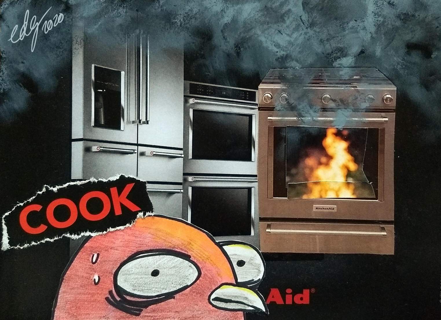 A collage of a nervous bird looking towards the viewer. Giant red text in front of the bird says 'COOK', while an oven in the background is on fire. There is smoke everywhere.